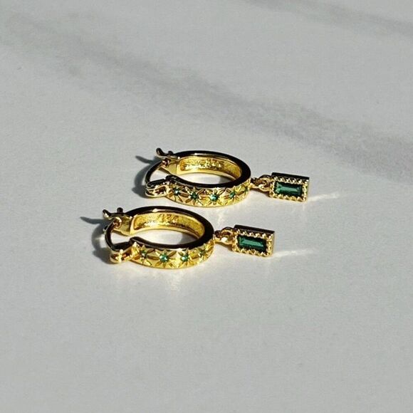 New! “Gisele” Dainty Emerald Drop Hoop Earrings - Picture 1 of 4